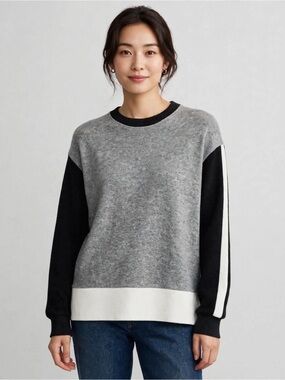 Sandro Women’s Grey, Black & White Colorblock Crewneck Sweater size Med